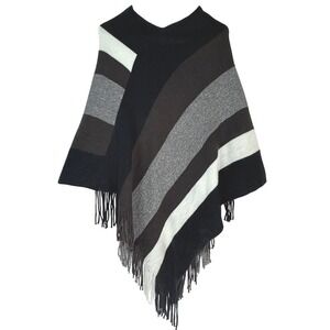 Womens Striped Fringe Poncho One Size Acrylic Blend Cape Shawl Cover Up